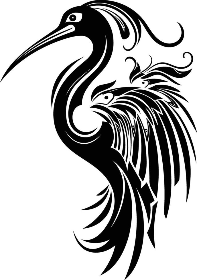 Stylized black and white illustration of a heron bird in a tribal tattoo design vector