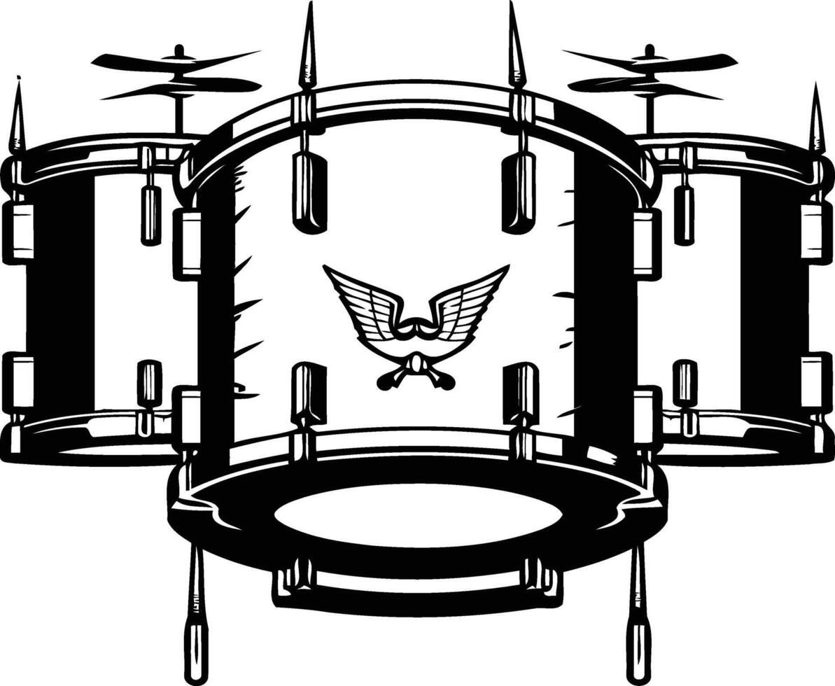 A classic illustration of a drum set in a black and white design vector