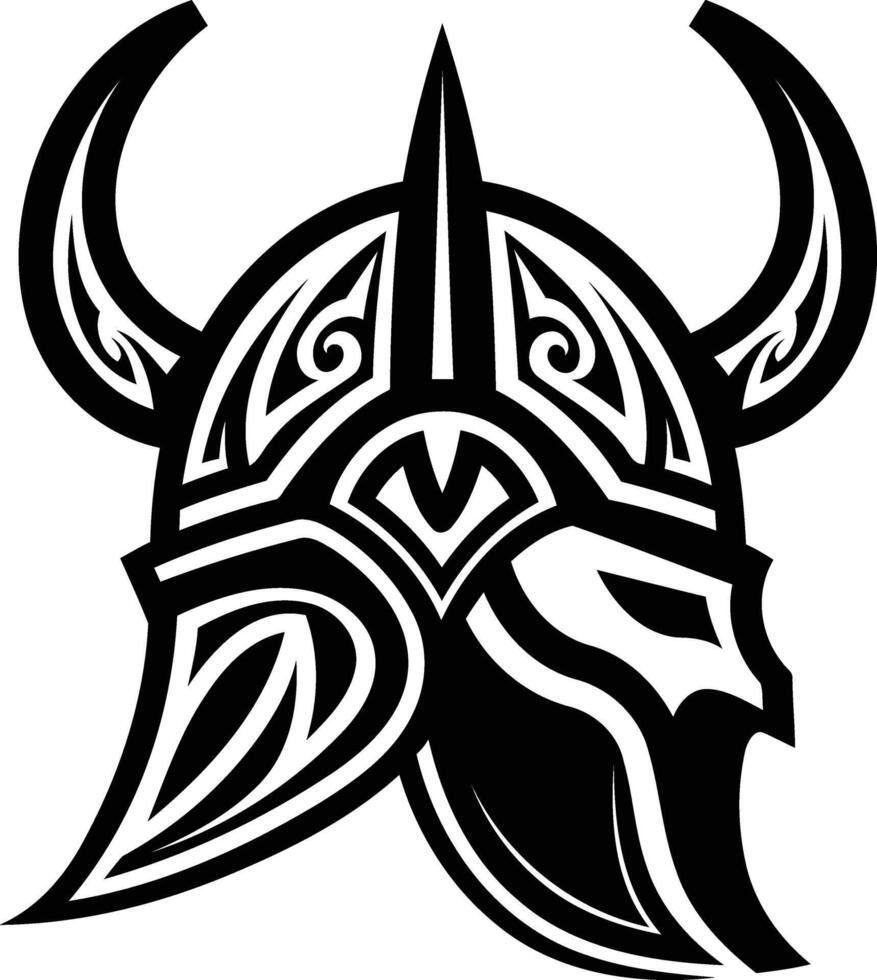 Black and white tribal style illustration of a viking helmet with intricate patterns vector