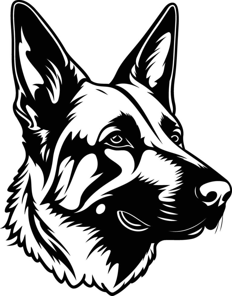 A striking black and white illustration of a german shepherd's head, perfect for t shirt designs, tattoos, or any project needing a bold canine image vector