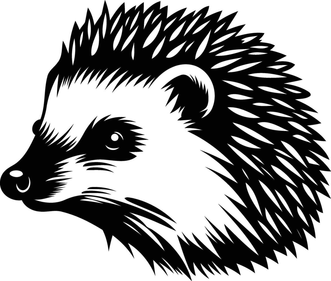 Black and white illustration of a hedgehog's head, featuring a bold, stylized outline vector