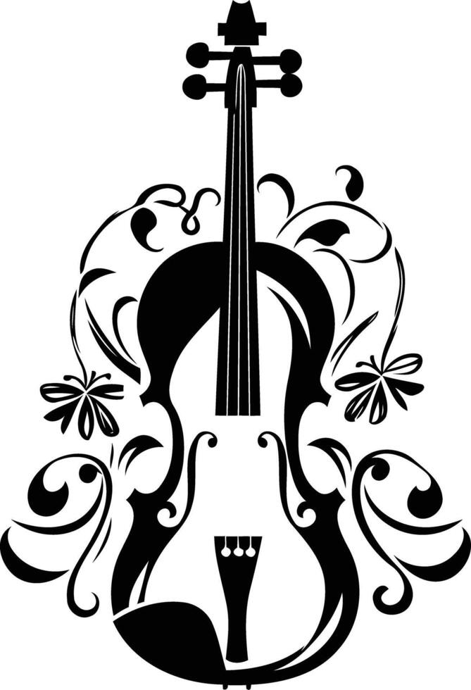 A stylish black and white silhouette of a violin with intricate floral flourishes vector