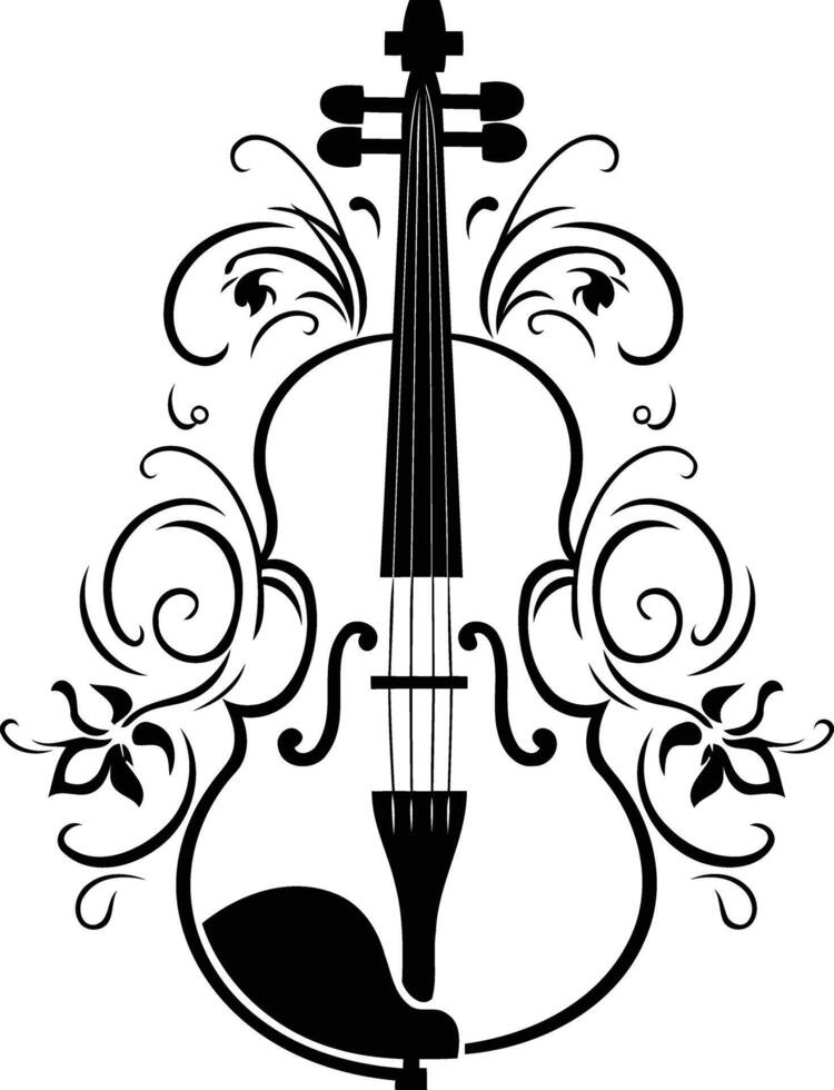 Elegant black and white illustration of a violin surrounded by intricate floral designs vector