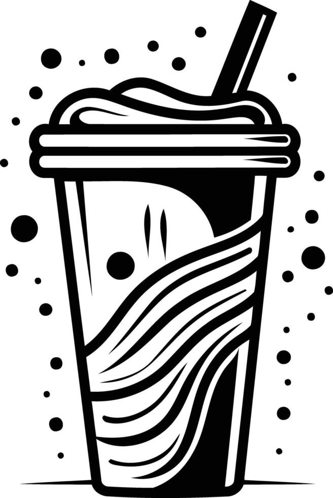 Black and white illustration of a refreshing drink with a straw in a paper cup vector