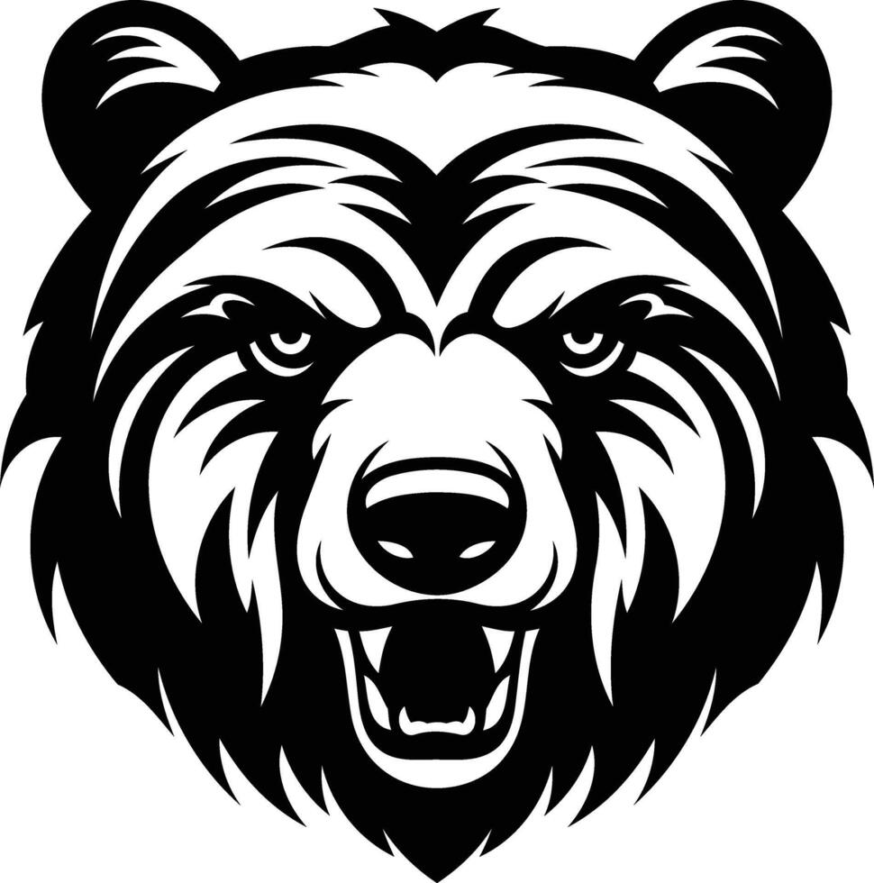 A fierce black and white illustration of a bear's head, with sharp teeth and a menacing expression vector
