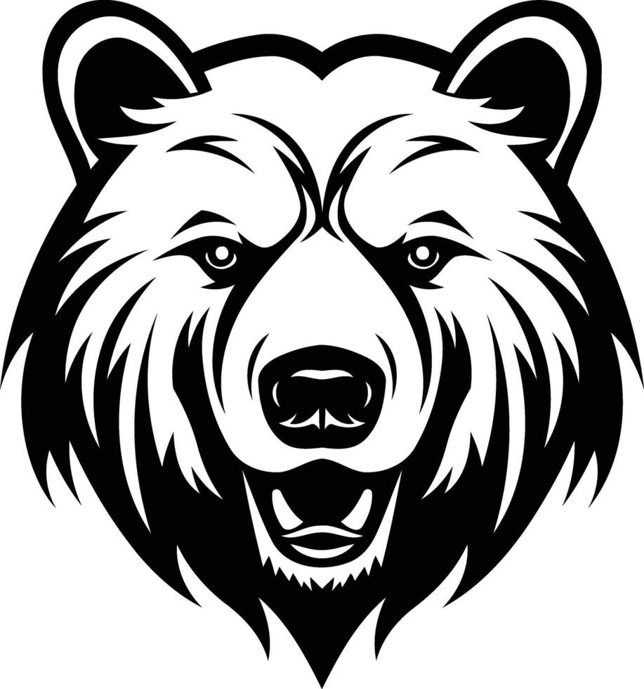 A bold black and white illustration of a bear's head with an open mouth, perfect for branding, tattoos, and designs requiring a powerful and animalistic symbol vector