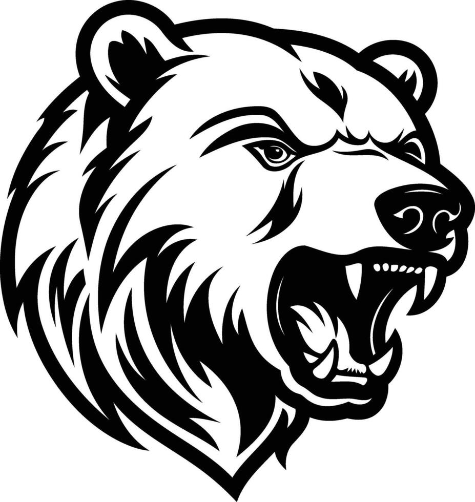 Aggressive black and white illustration of a roaring bear head, perfect for tattoos, logos and branding vector