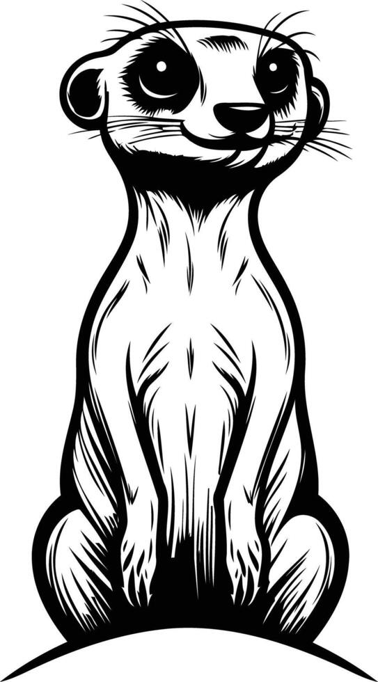 A cute and cartoonish black and white illustration of a meerkat sitting upright, looking up with a friendly expression vector