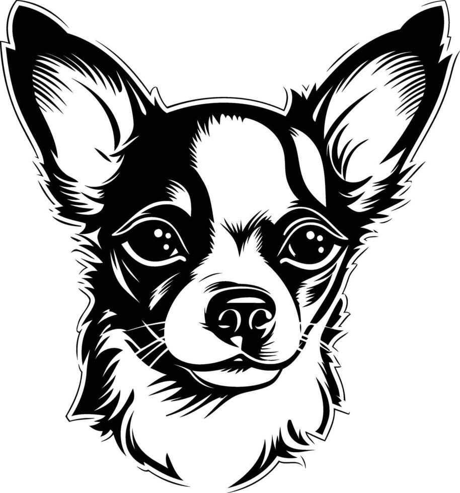 A striking black and white illustration of a chihuahua's head, perfect for pet related designs, tattoos, and branding vector