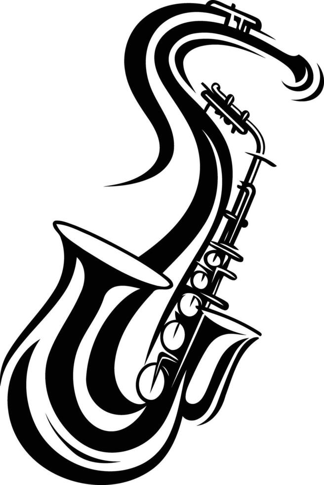 Stylized black and white illustration of a saxophone, perfect for jazz, music, or tattoo designs vector