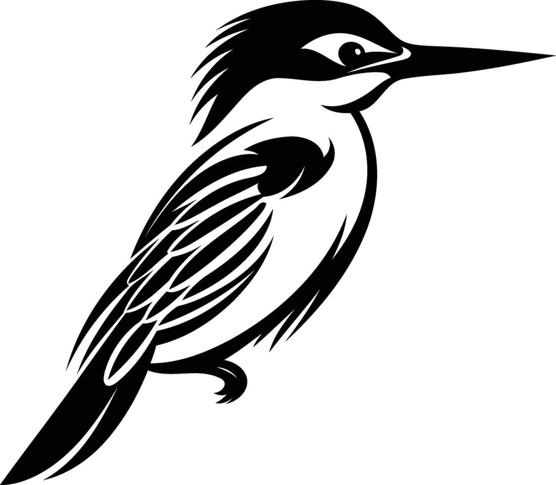 Black and white stylized illustration of a kingfisher bird, perfect for tattoo design, branding, and wildlife art vector