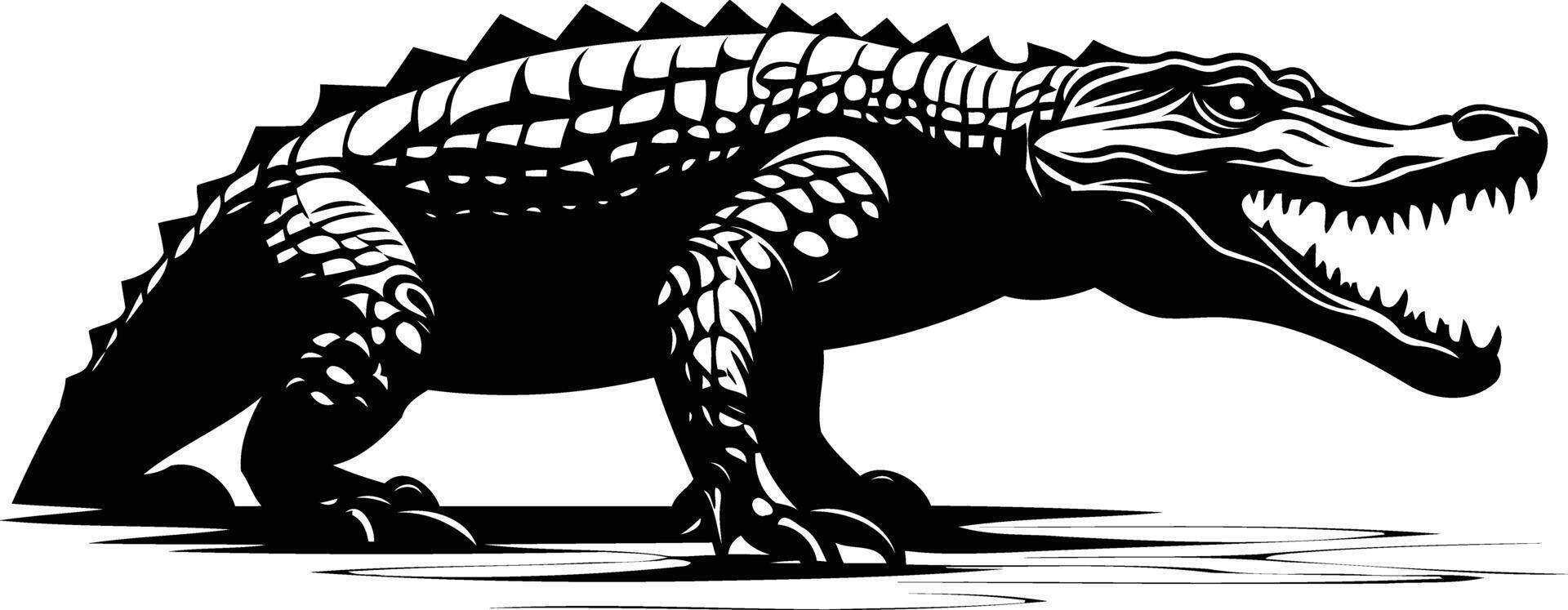 Powerful black and white silhouette of an alligator or crocodile with sharp teeth and scales vector