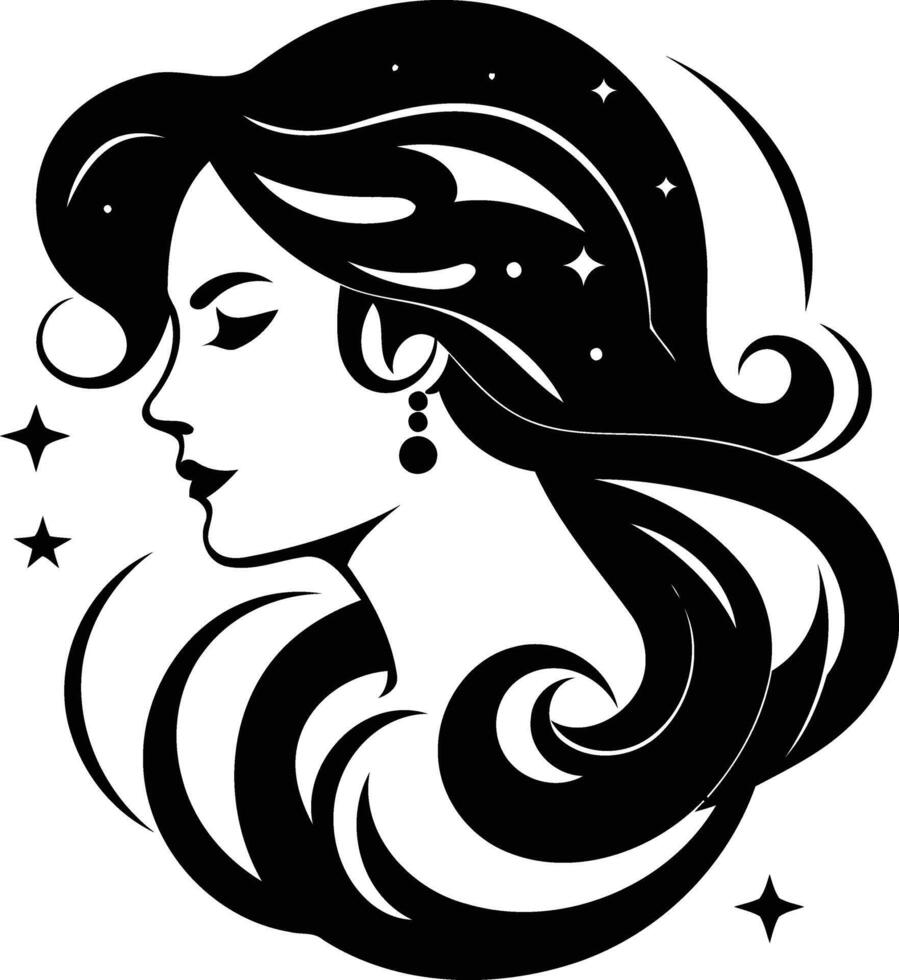 Elegant black and white silhouette of a woman with flowing hair and stars, perfect for beauty, fashion, or tattoo design vector