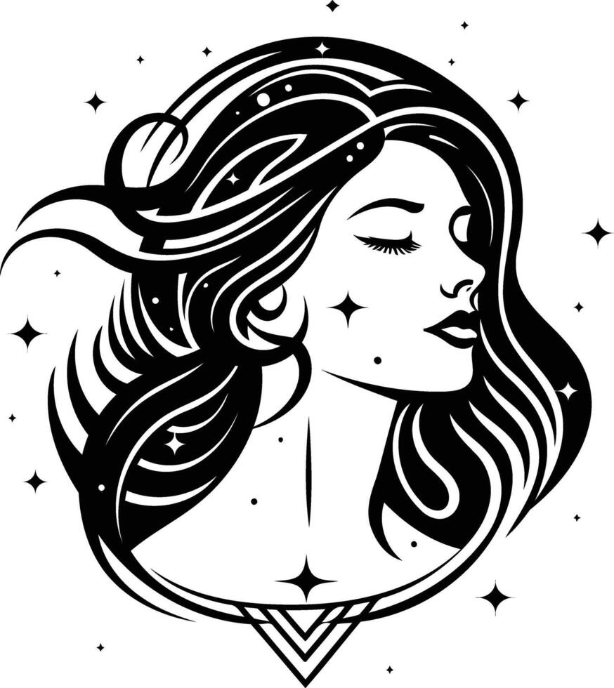Mystical and beautiful black and white tattoo design featuring a woman with flowing hair and stars, perfect for those who love unique and ethereal art vector