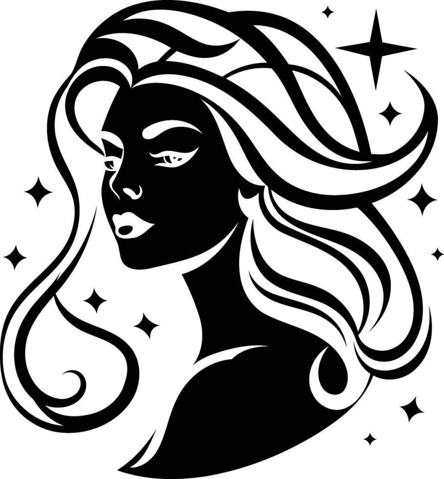 A beautiful and mysterious woman with flowing hair and stars vector