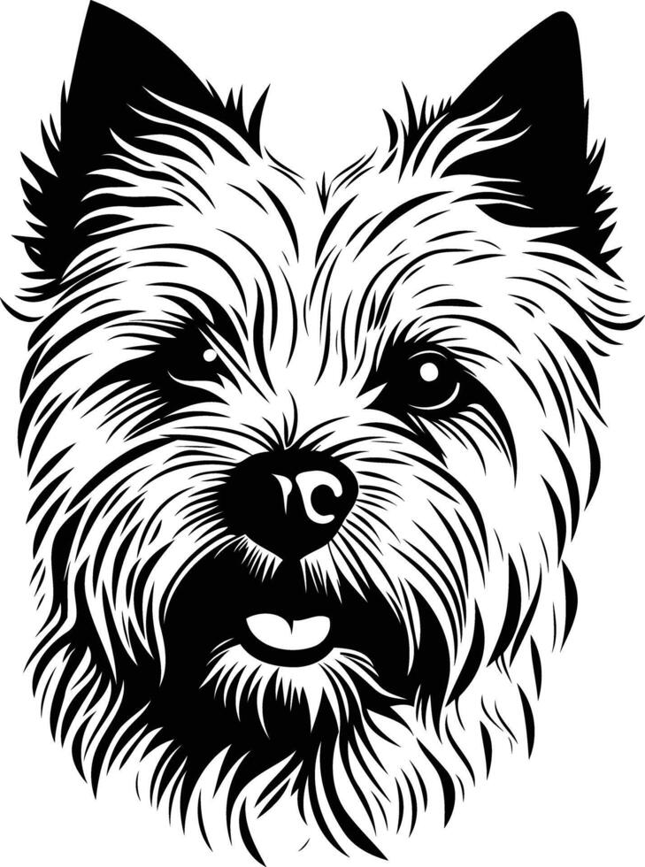A detailed black and white illustration of a yorkshire terrier's head, capturing its expressive eyes and playful nature vector