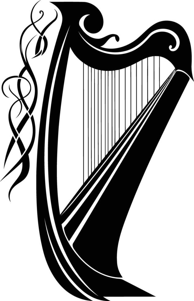 A striking black and white illustration of a celtic harp, perfect for designs related to music, ireland, or mythology vector