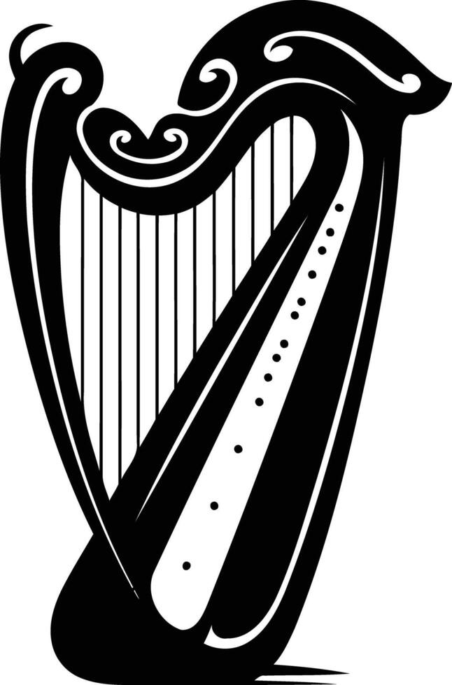 A simple, black and white illustration of a celtic harp vector