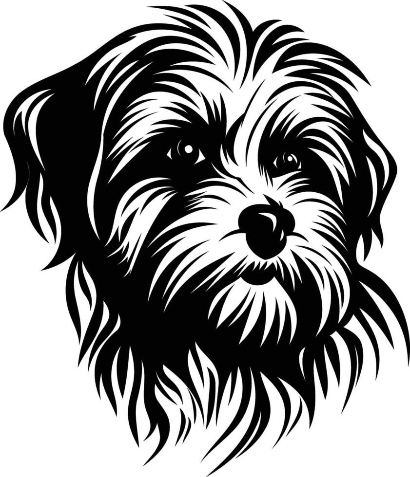 A striking black and white illustration of a small dog's head, perfect for creating tattoos, t shirt designs, or branding for pet businesses vector