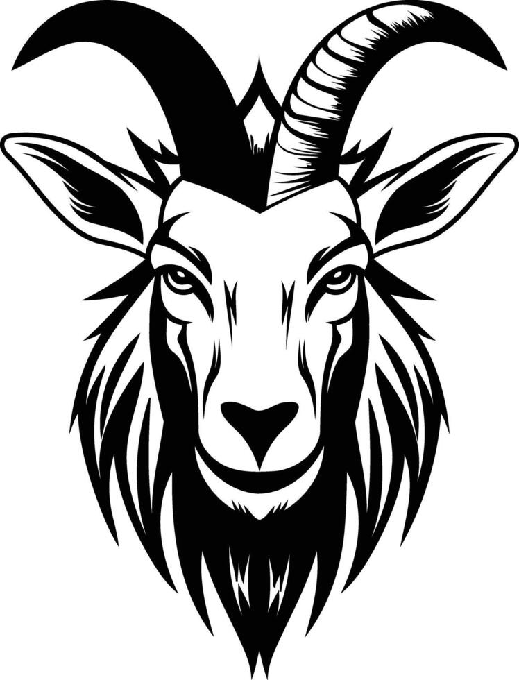 Black and white element illustration of a goat head with sharp horns vector