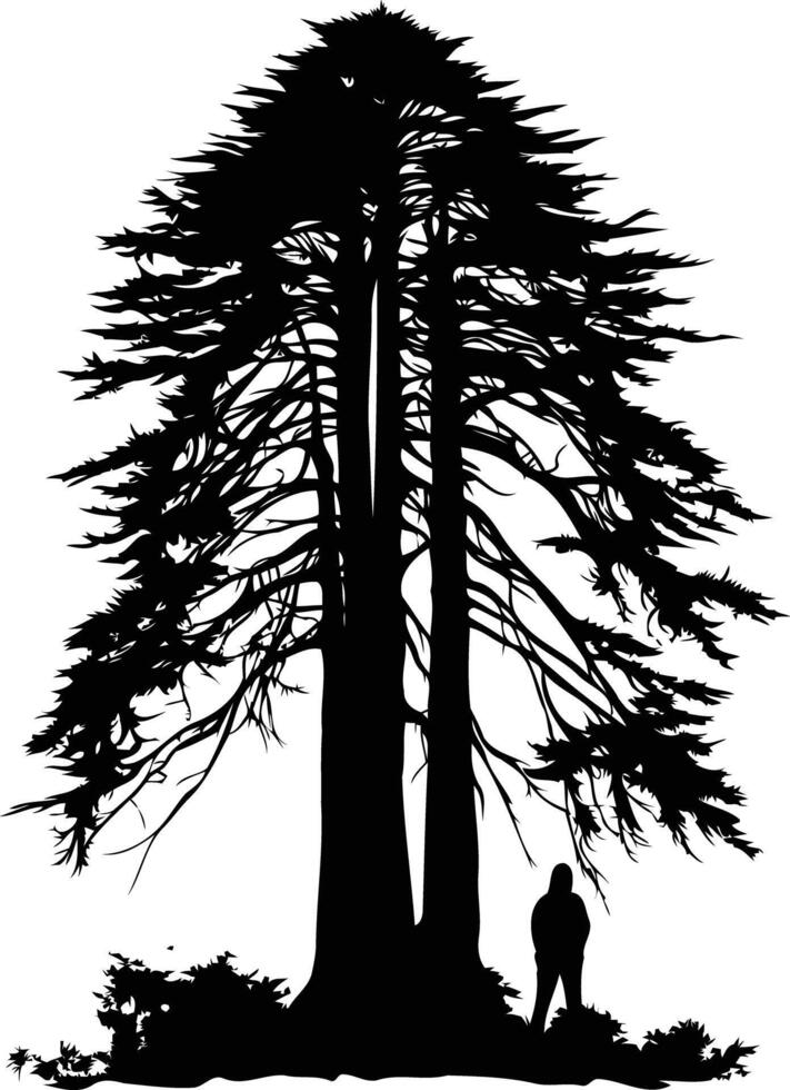 A minimalist silhouette of a large tree with a single person standing in front of it vector