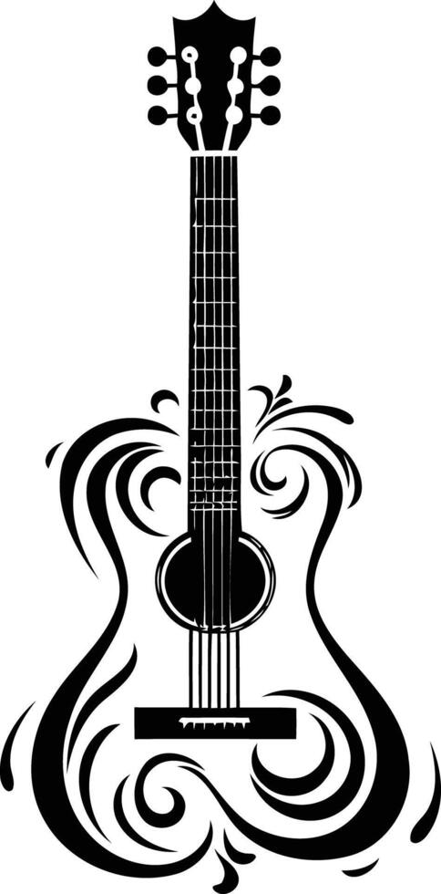 Black and white element illustration of an acoustic guitar with intricate floral patterns vector