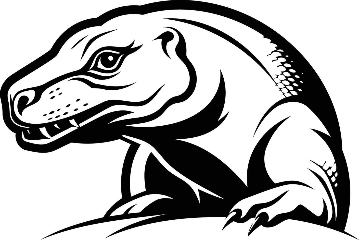 Black and white element illustration of a komodo dragon's head and front legs vector