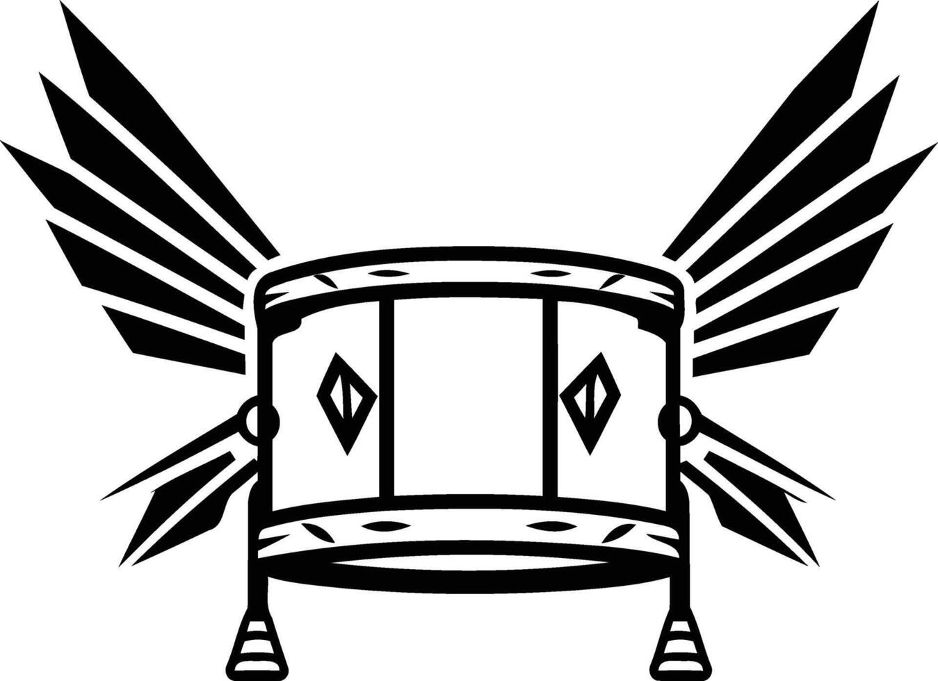 Black and white element illustration of a drum with wings, perfect for music, rock and roll, and band merchandise vector