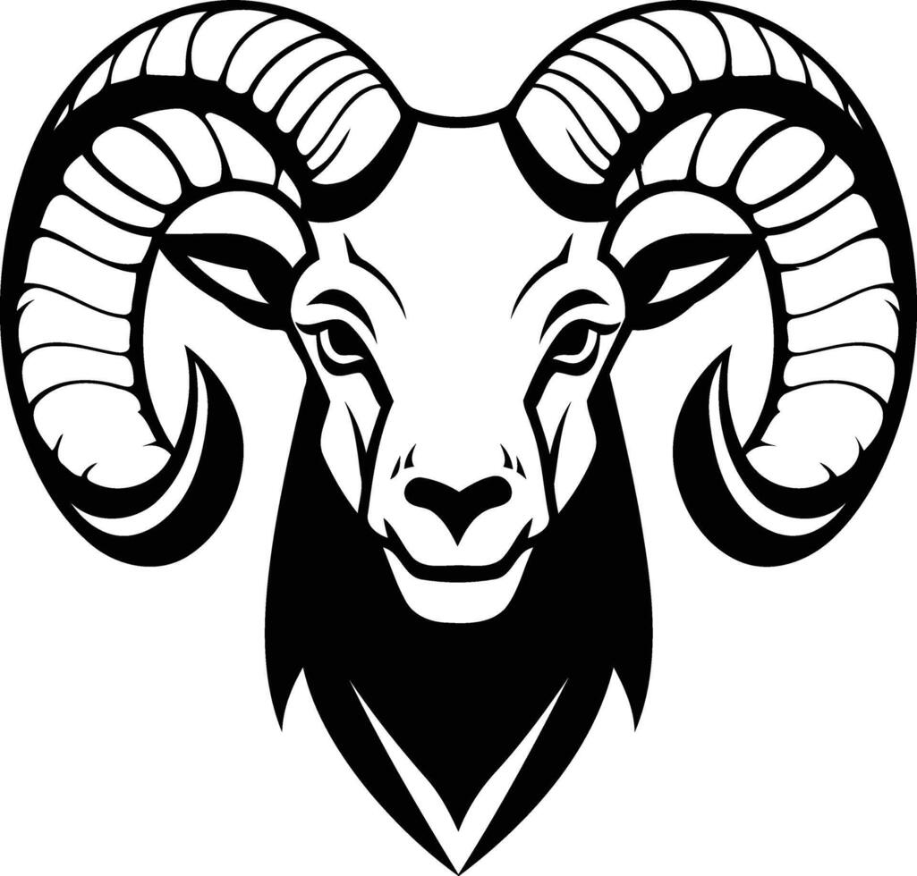 Black and white element illustration of a ram head with large horns, perfect for logos, tattoos, or other design projects vector