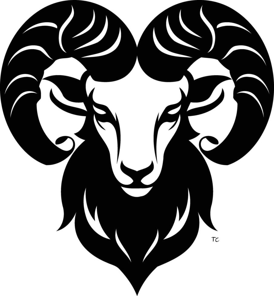 A striking black and white illustration of a ram's head with large, curled horns vector