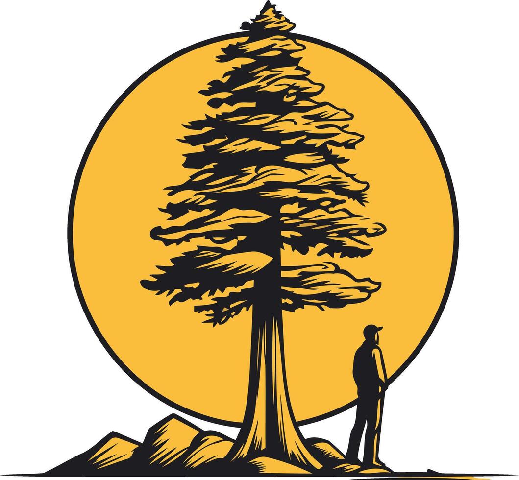 Silhouette of a Person Standing by a Tree in Front of a Yellow Circle vector