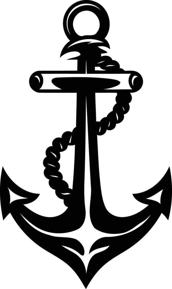 A bold, black and white illustration of an anchor with a rope, perfect for nautical themed designs vector