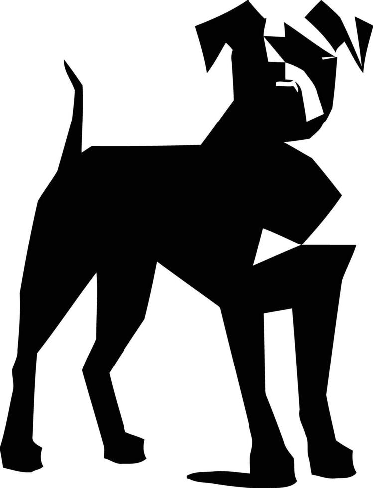 A bold, geometric silhouette of a dog in black vector