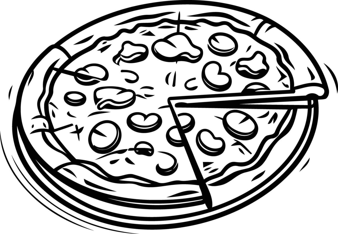 Black and white illustration of a pizza with a slice removed, perfect for restaurant menus, food blogs, and recipe websites vector