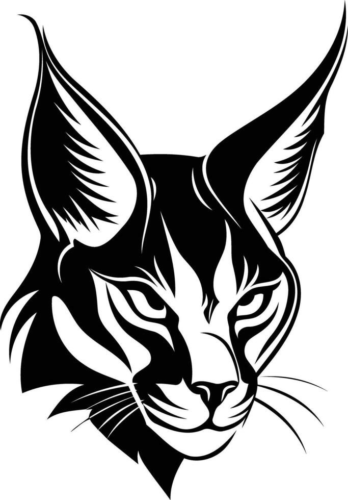 A bold, black and white illustration of a caracal's head, perfect for designs needing a fierce and stylish feline motif vector