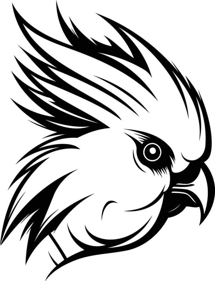 A striking black and white illustration of a parrot's head, perfect for tattoos, t shirts, or branding vector