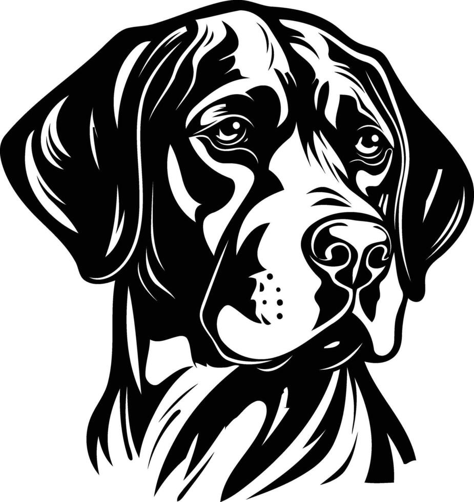 A striking black and white illustration of a german shorthaired pointer's head, showcasing its sharp features and focused gaze vector