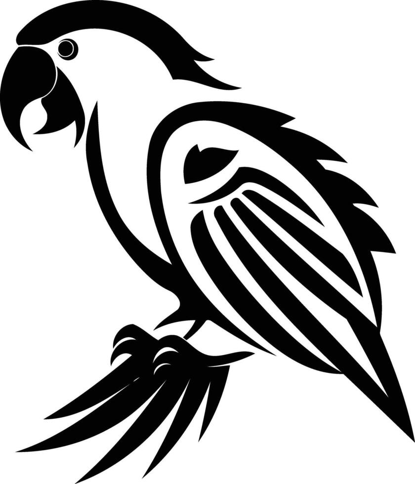 A bold, stylized black and white illustration of a parrot vector