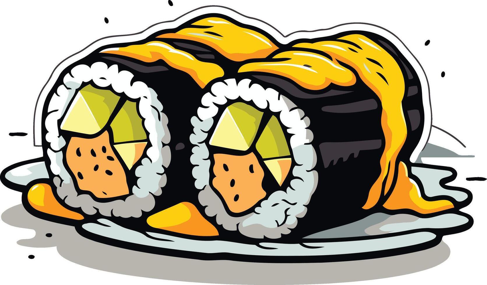 Cartoon Illustration of Two Sushi Rolls Covered in Yellow Sauce vector