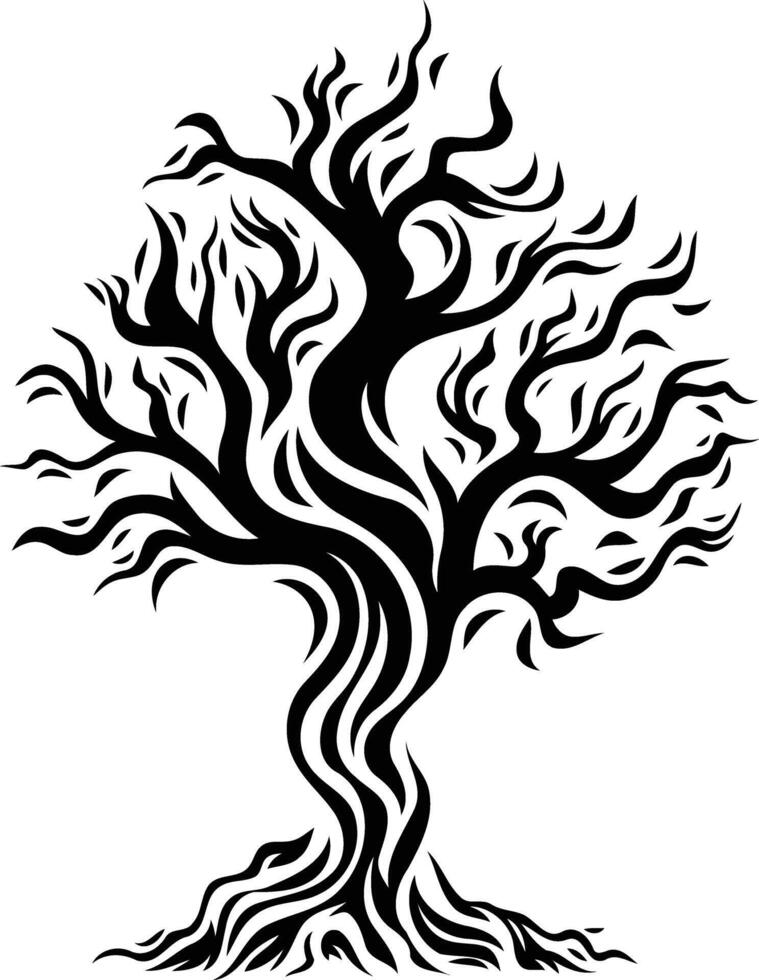 Stylized black and white illustration of a gnarled tree, perfect for tattoo design, nature themed branding, or artistic projects vector