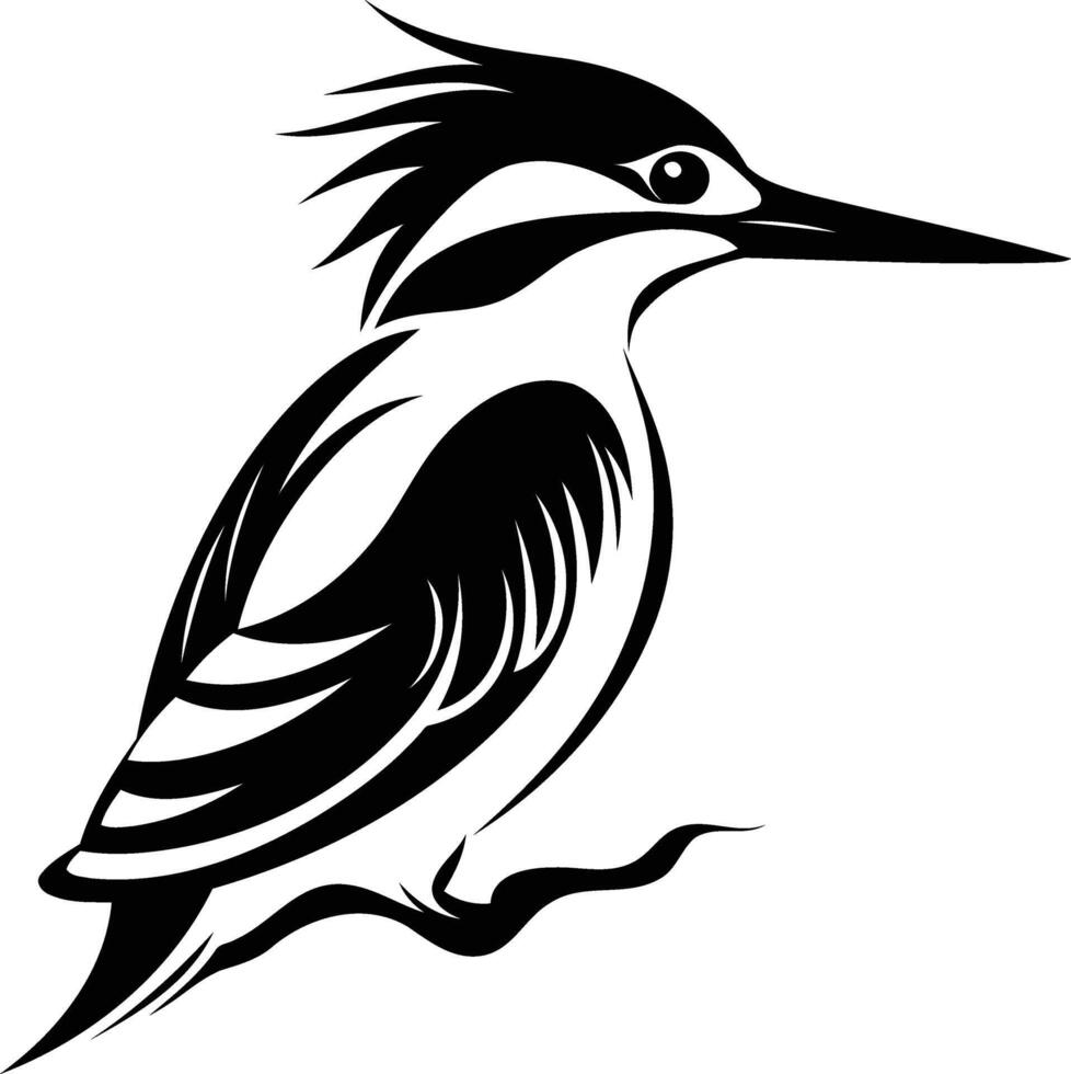 Stylized black and white illustration of a kingfisher bird, perfect for tattoo designs, nature inspired artwork, or branding vector