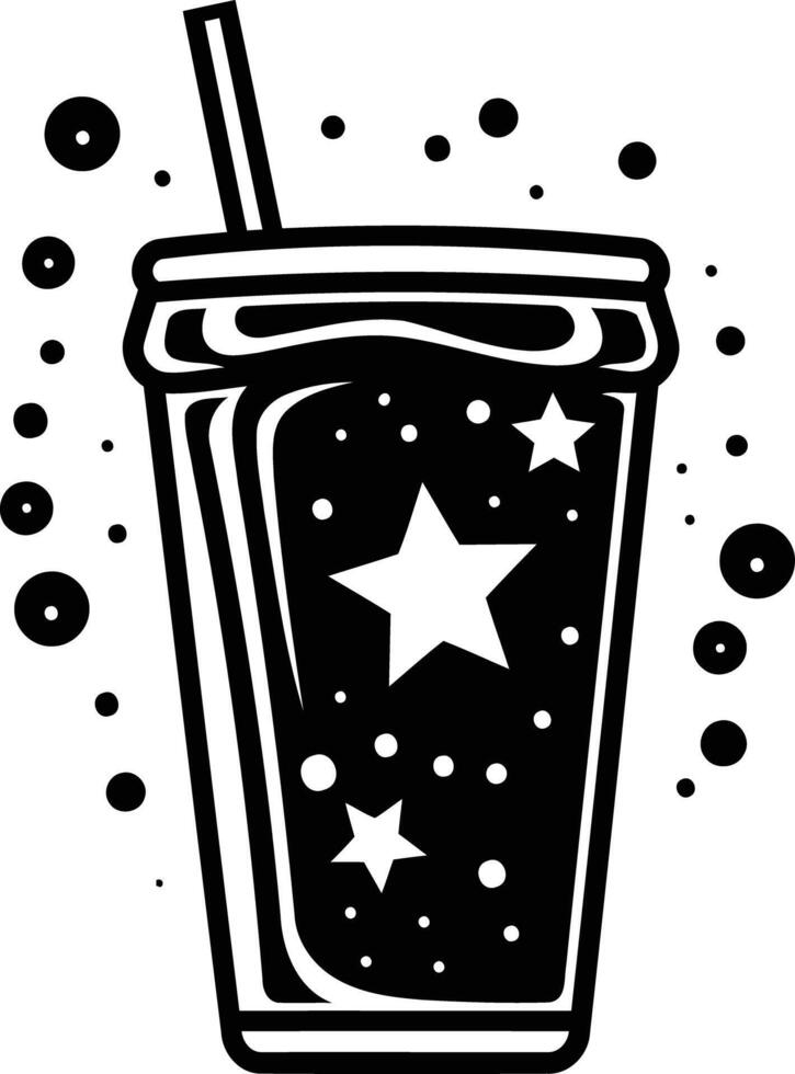 A black and white illustration of a refreshing drink with a straw, featuring a starry design vector