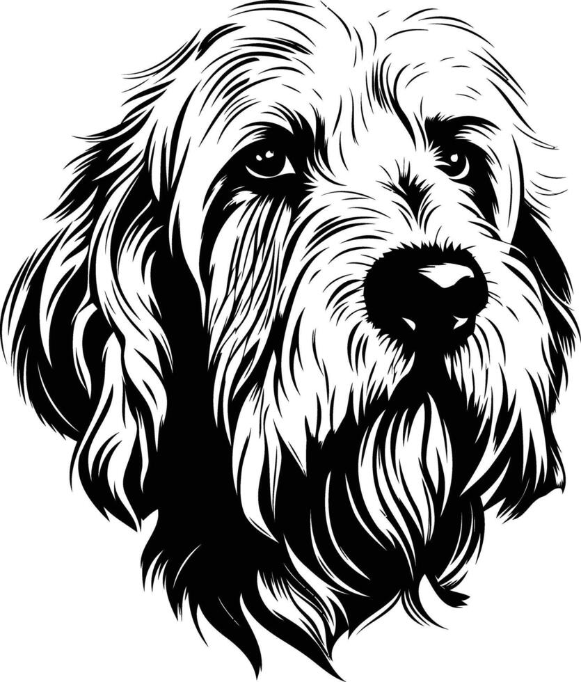 A striking black and white illustration of a dog's head, capturing its expressive eyes and textured fur vector
