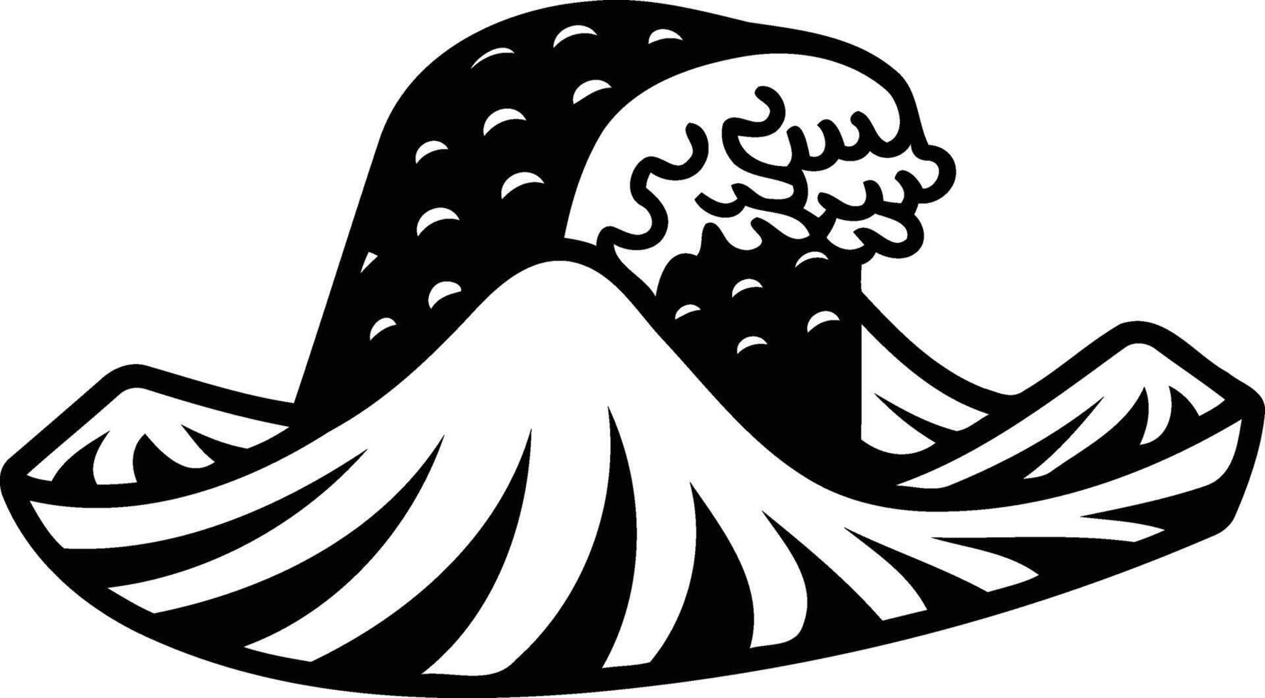 A bold, black and white illustration of a crashing wave engulfing a mountain vector