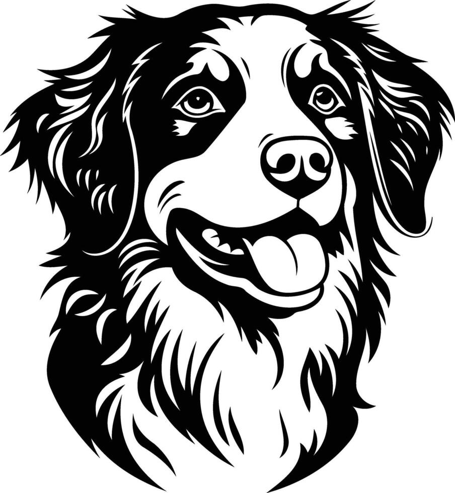 A simple yet striking black and white illustration of a dog's head, featuring a friendly and playful expression vector