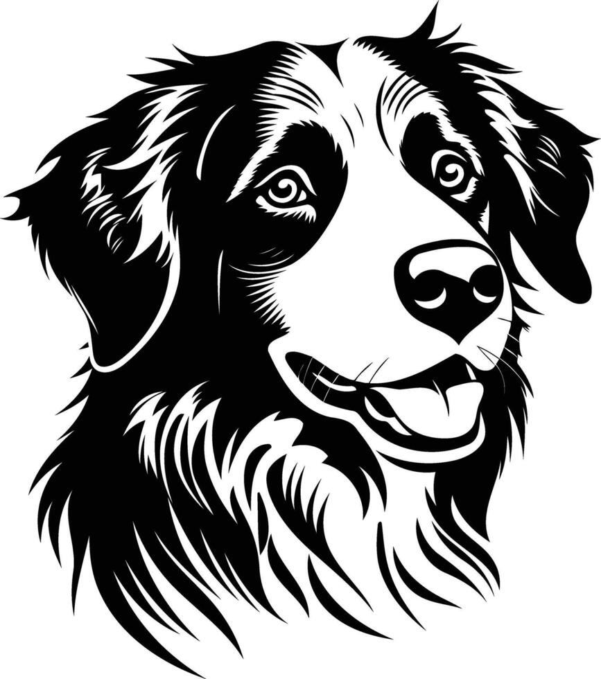 A striking black and white illustration of a dog's head, featuring detailed fur and a friendly expression vector