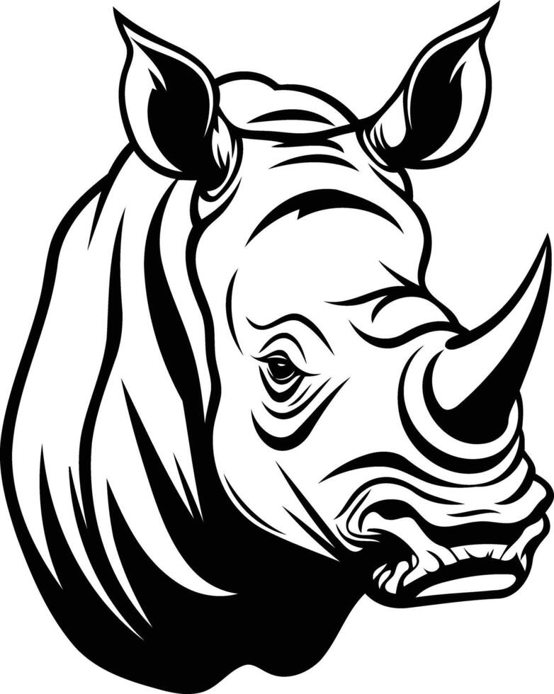 A bold, black and white illustration of a rhinoceros head, perfect for tattoo designs, logos, and branding projects seeking a powerful animal motif vector