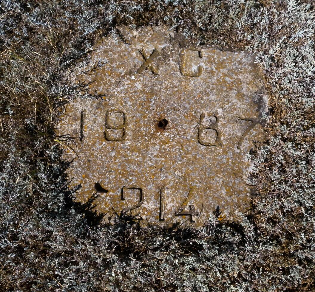 BULGARI, KALIAKRA - APRIL 02, 2013 - fiducial mark with the year 1987 on the Black Sea coast near the village of Tyulenovo, Bulgaria photo