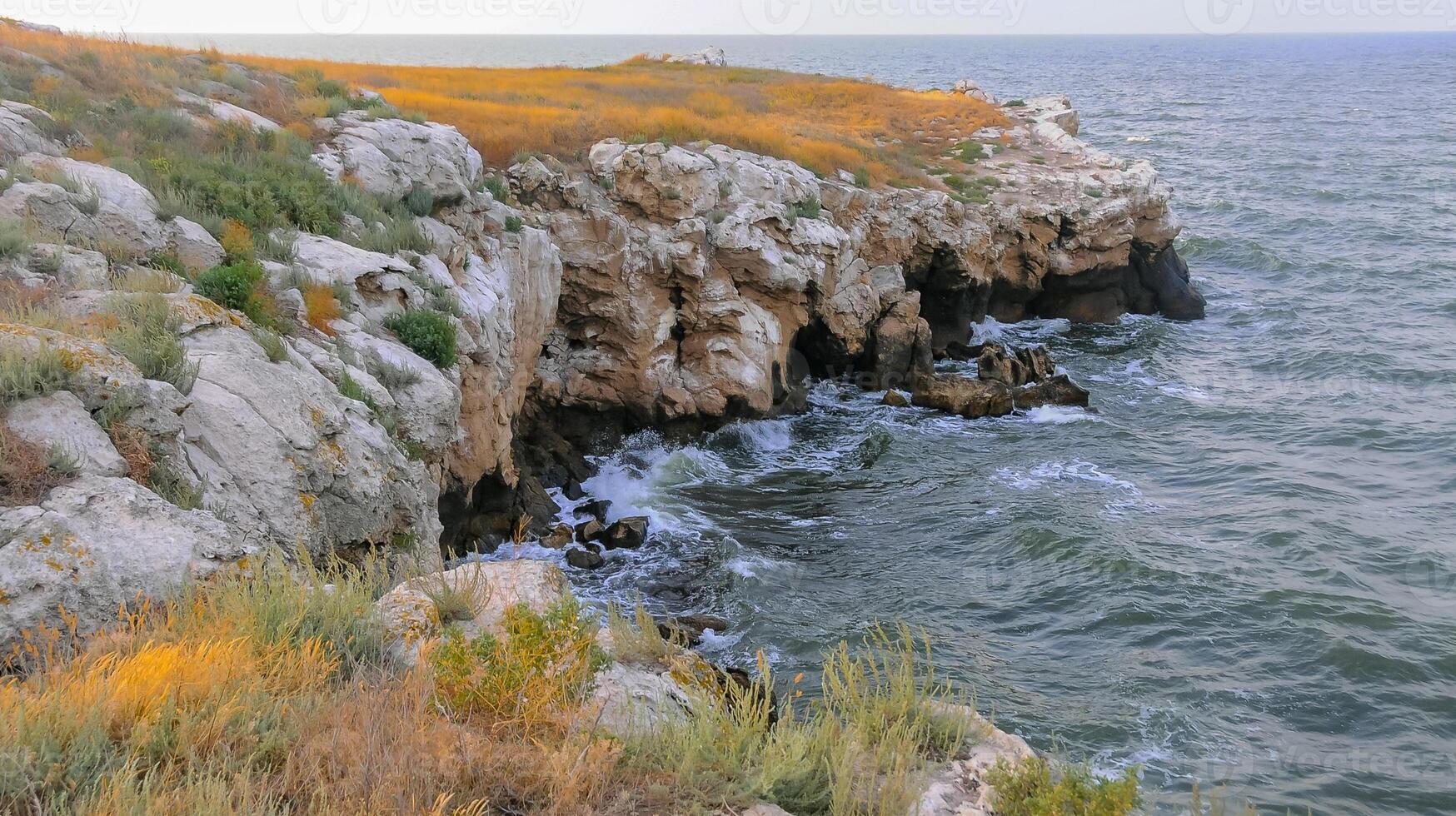The steep stone coast of the Black Sea from Pontic limestones at Kazantip, Eastern Crimea photo