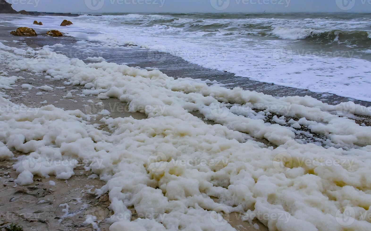 Eutrophication of the sea, Dirty foam on the Black Sea during a storm near the city of Odessa photo